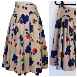 Anthropologie Odille Floral Print Pleated Retro Full Midi Skirt Tan Purple & Red